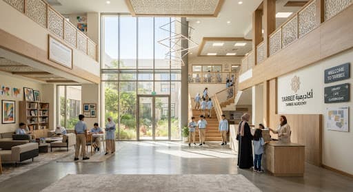 The bright, welcoming lobby of a modern Islamic school academy