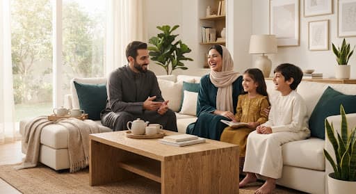 A family sharing a warm conversation at home