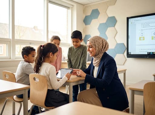 A teacher guiding students through a lesson on a tablet in a modern classroom